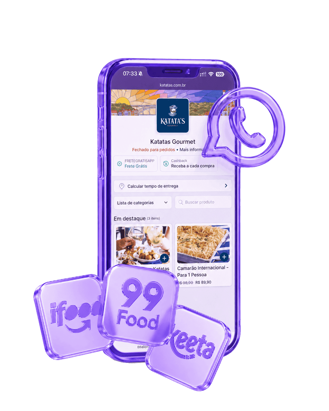 Celular com o cardápio próprio da Cooki ao lado dos apps iFood, 99Food e Keeta