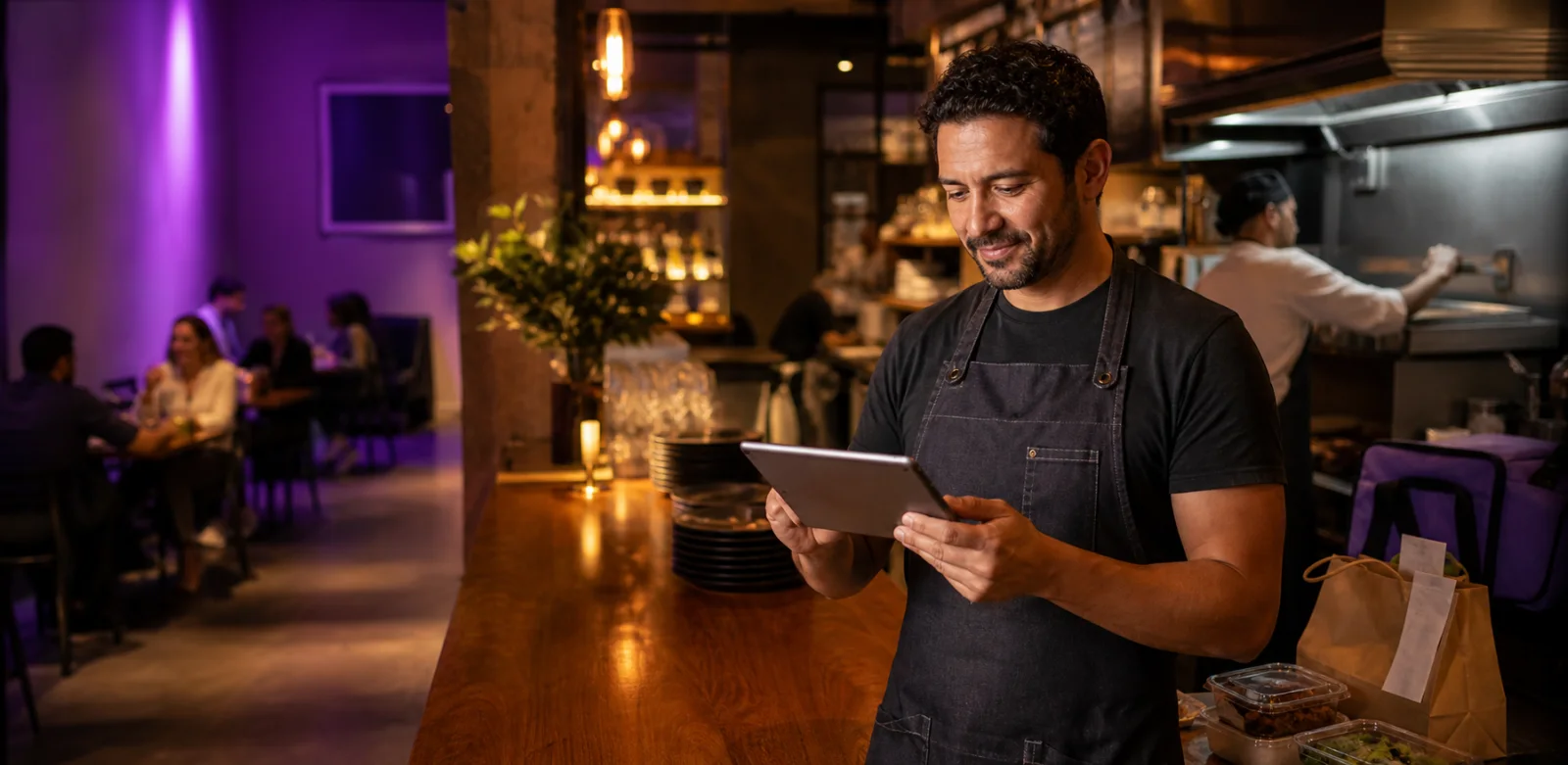 Dono de restaurante usando ferramentas de gestão durante a operação