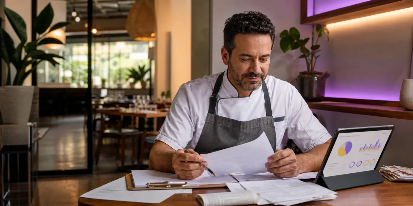 Dono de restaurante analisando custos e resultados