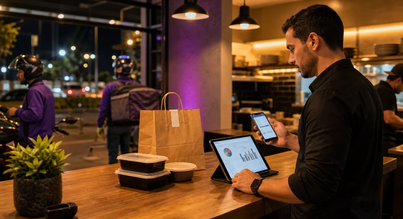 Gestor acompanhando pedidos e campanhas de delivery