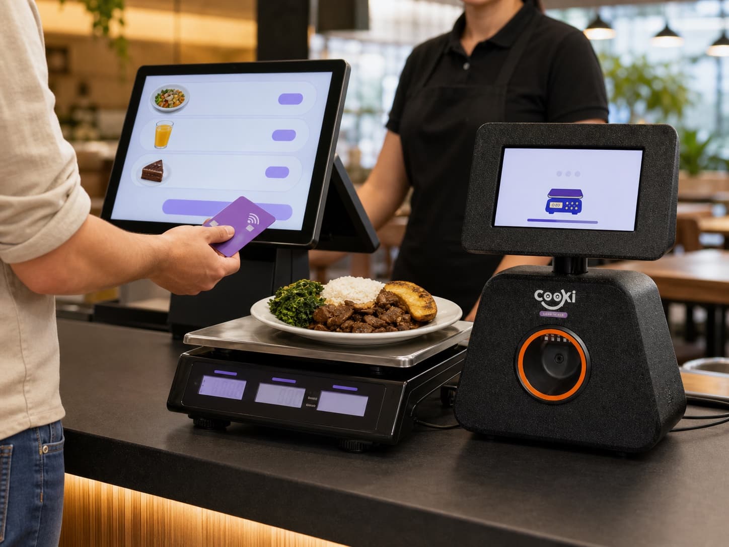 Pesagem do buffet integrada à comanda pronta para fechamento no caixa
