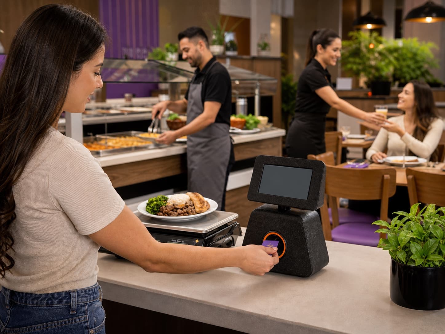 Cliente usando sozinho o Totem para Balança enquanto a equipe atende o restaurante