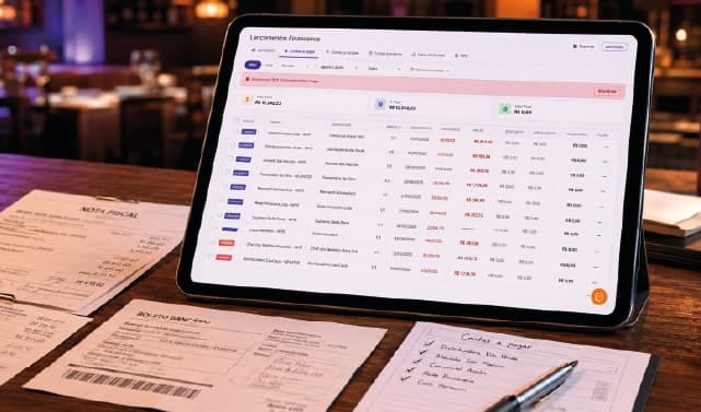 Tablet com a tela de contas a pagar da Cooki ao lado de notas fiscais e boletos sobre a mesa