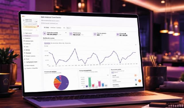 Notebook com o dashboard da Cooki mostrando faturamento, ticket médio e gráficos de vendas