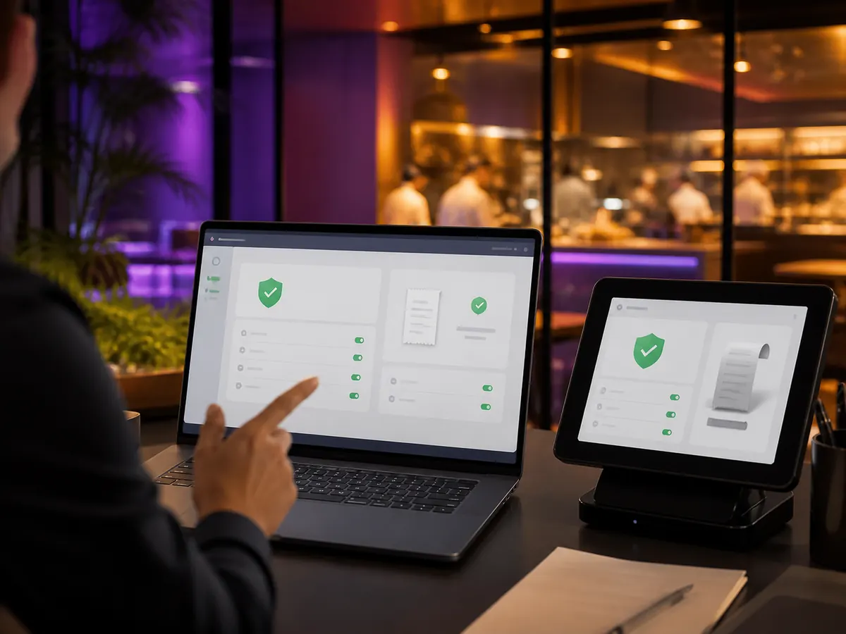 Notebook e maquininha com a configuração fiscal validada em um restaurante