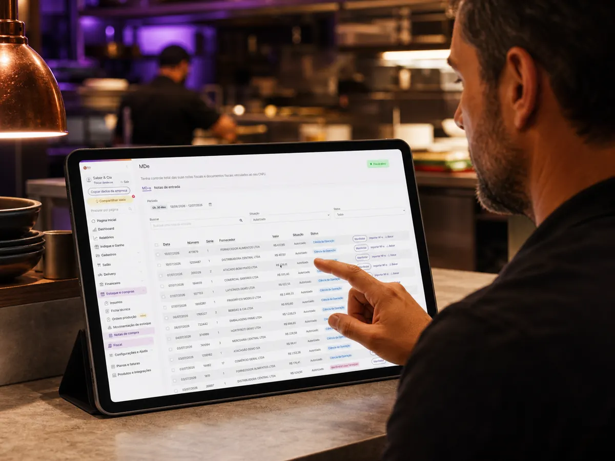 Dono de restaurante administra notas de compra no módulo fiscal da Cooki por um tablet