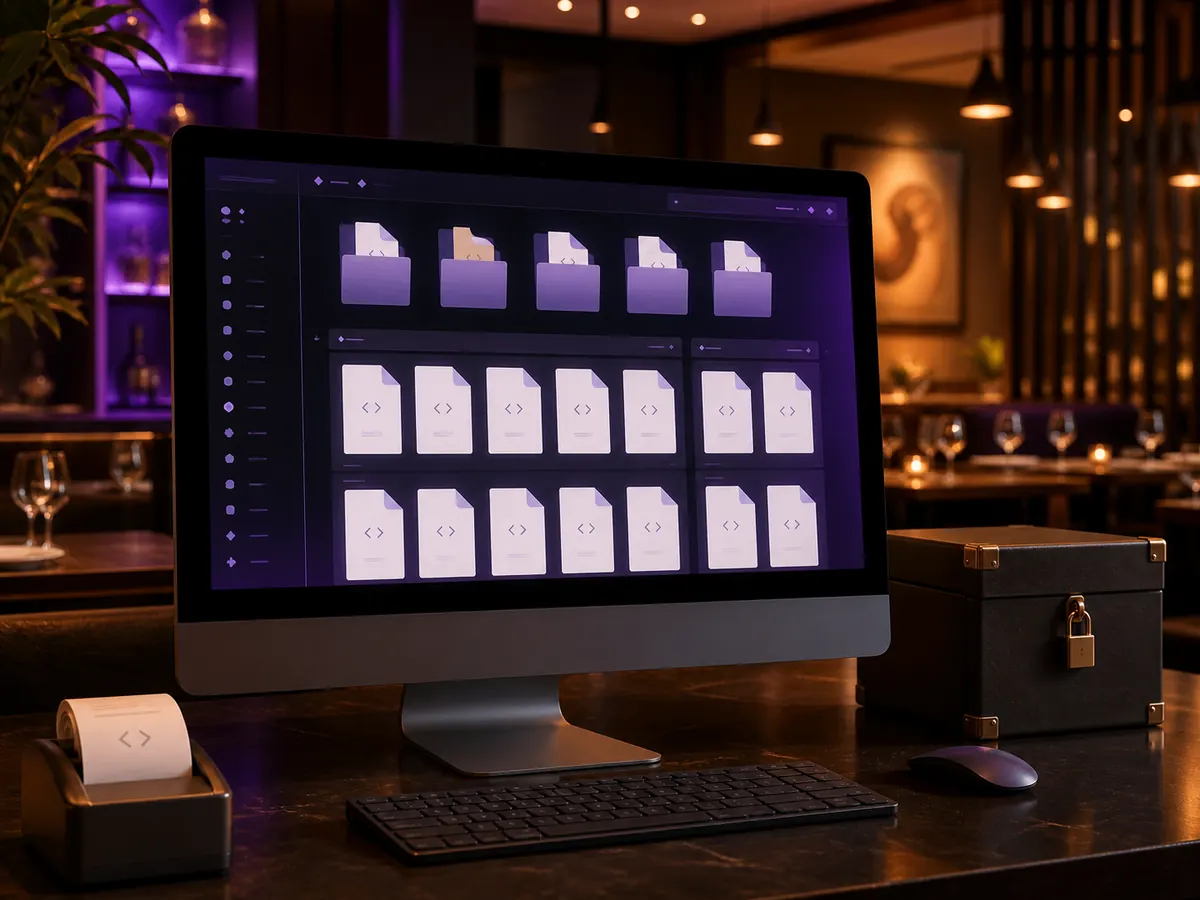 Arquivos XML fiscais organizados por período em um computador de restaurante