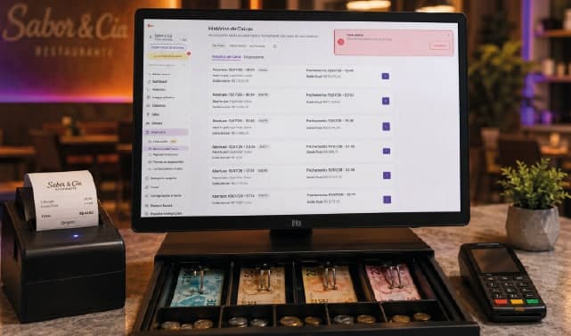 Monitor no caixa com o histórico de aberturas e fechamentos da Cooki e a gaveta de dinheiro aberta