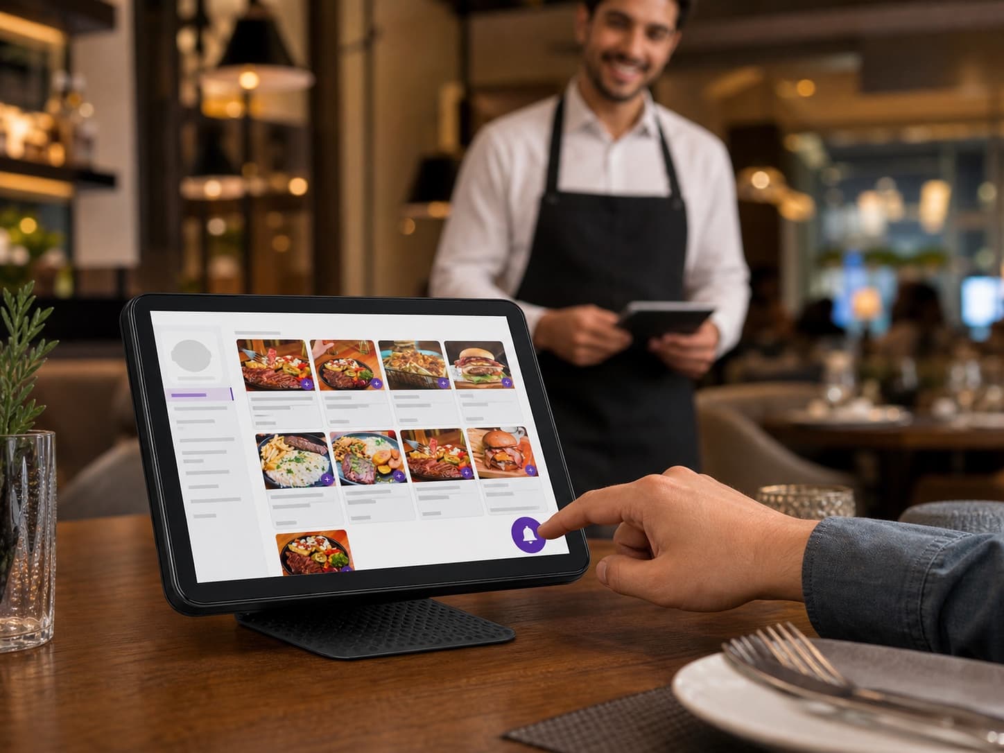 Cliente chamando o garçom pelo tablet de mesa Cooki