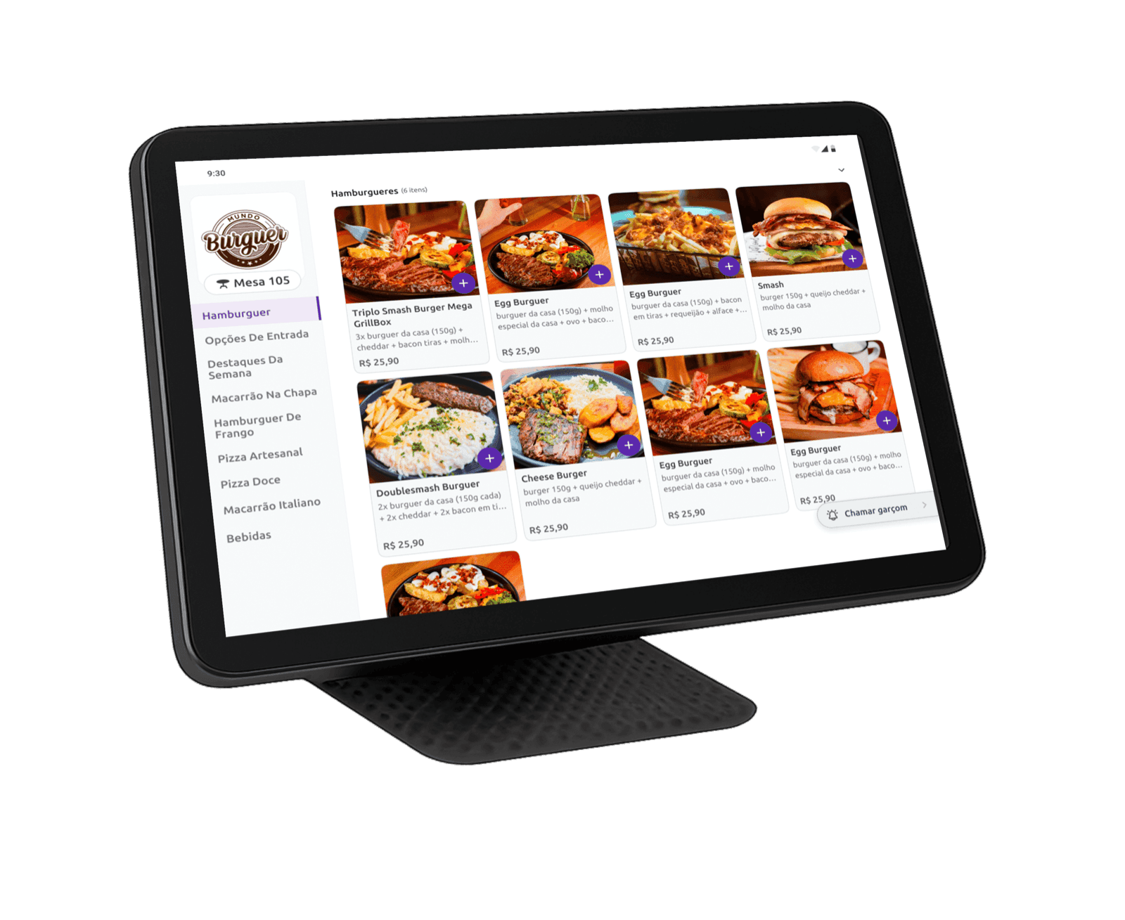 Tablet de mesa Cooki com cardápio digital com fotos e botão de chamar garçom