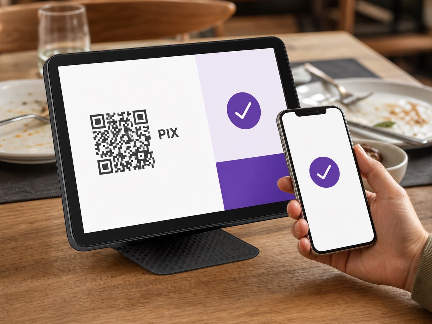Cliente pagando a conta por Pix no tablet de mesa Cooki