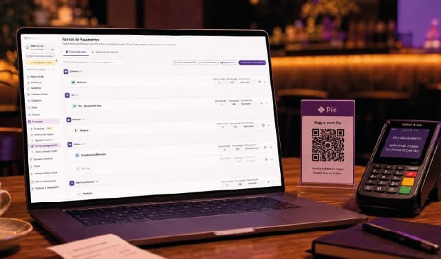 Notebook com a tela de formas de pagamento da Cooki ao lado da maquininha e do QR Code de Pix