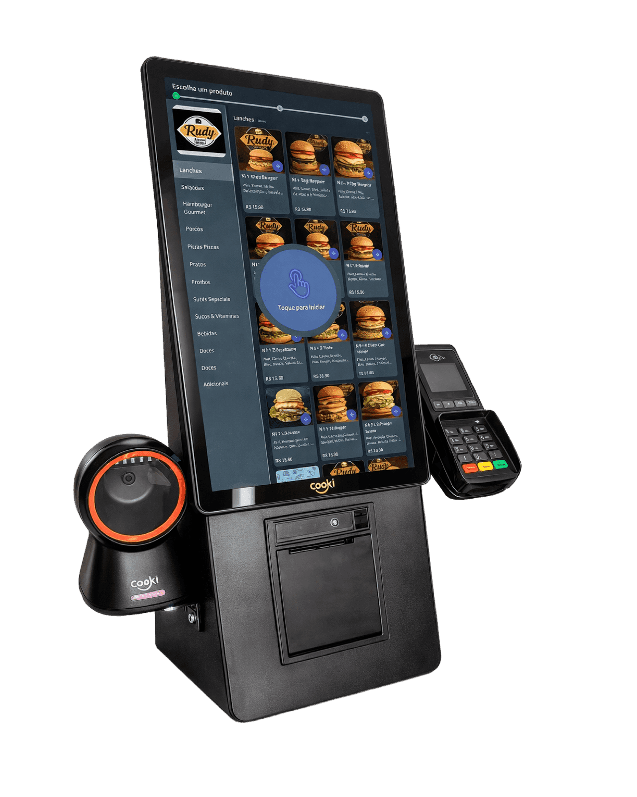 Totem de autoatendimento Cooki Pro com leitor de código de barras, impressora e pinpad