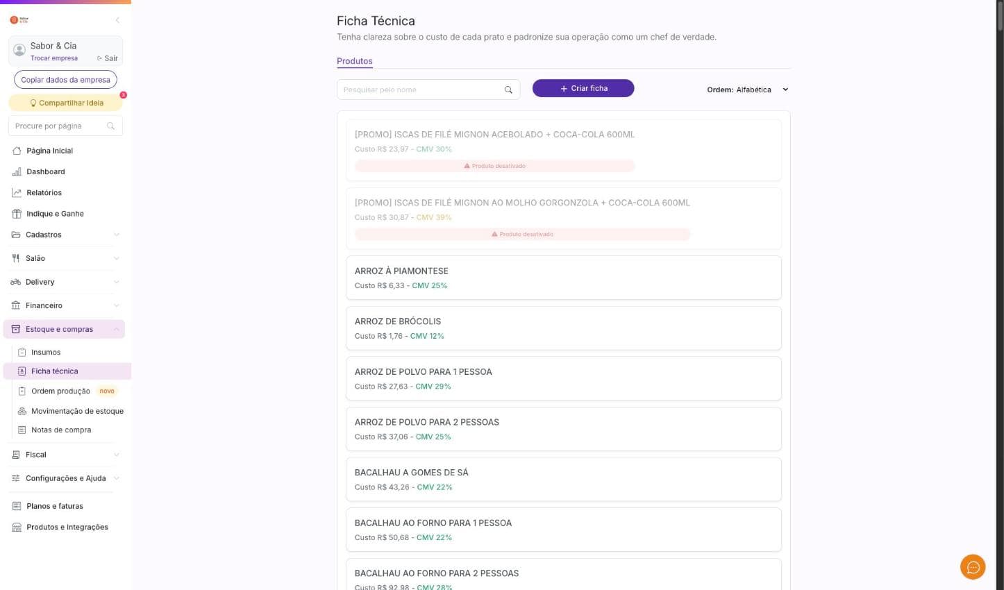 Ficha técnica da Cooki com custo por prato e CMV calculados automaticamente