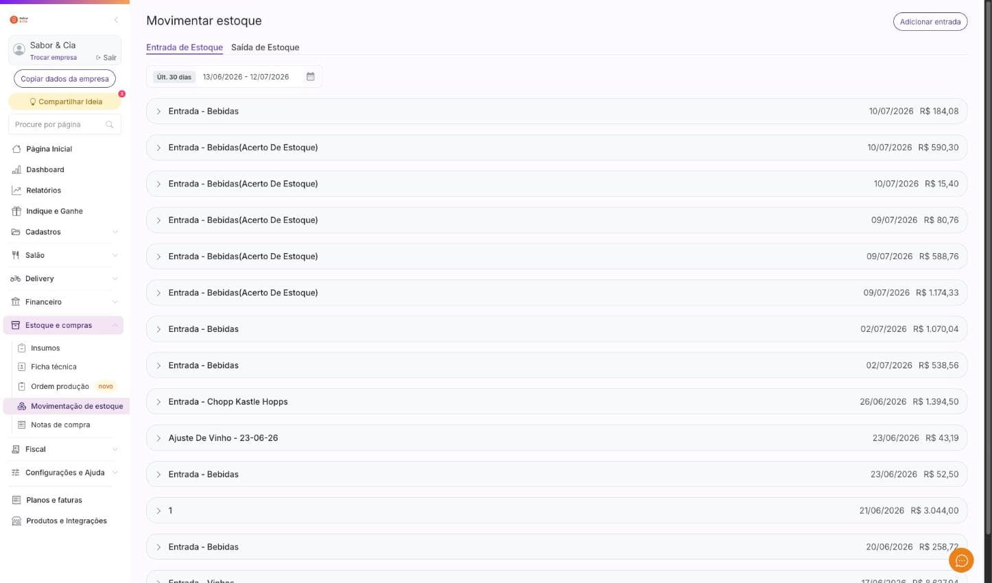 Movimentação de estoque da Cooki com entradas, saídas e valores por período